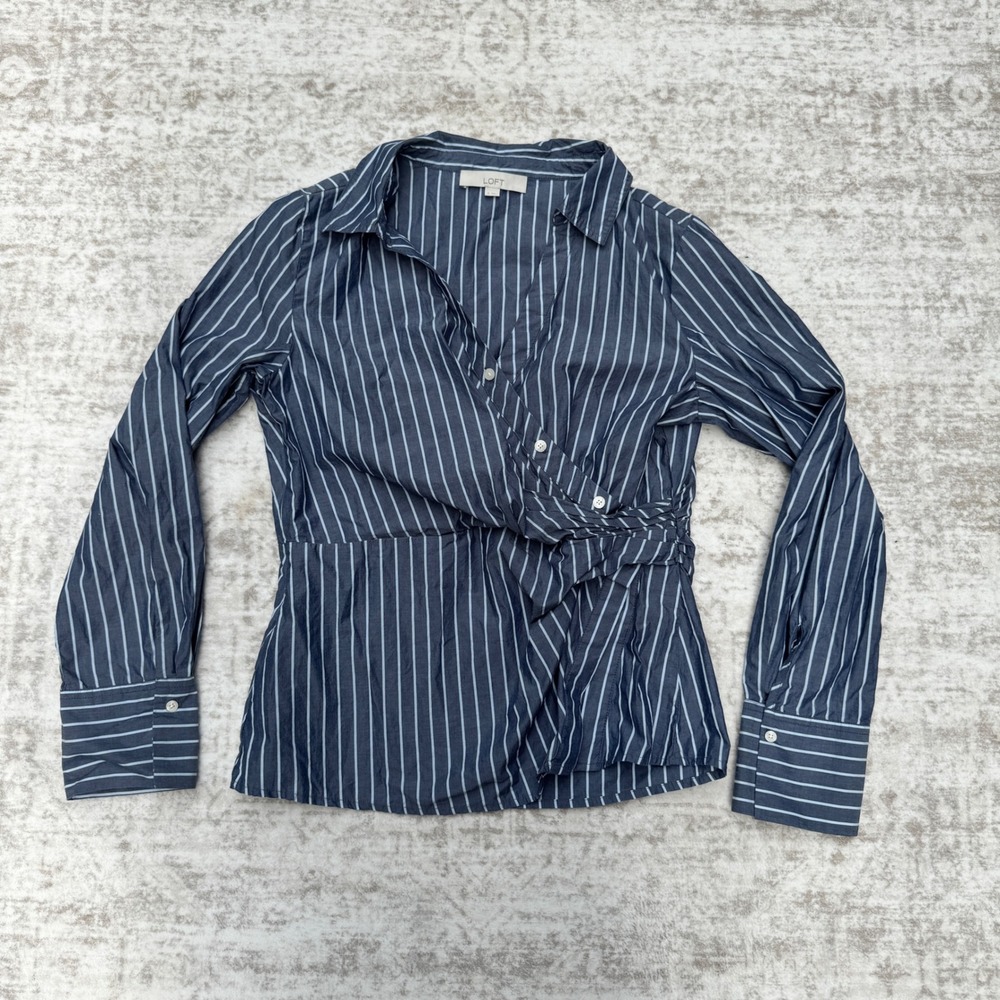 LOFT Striped Faux Wrap Blouse Navy Blue Long Sleeve Cotton Top Size 8‎